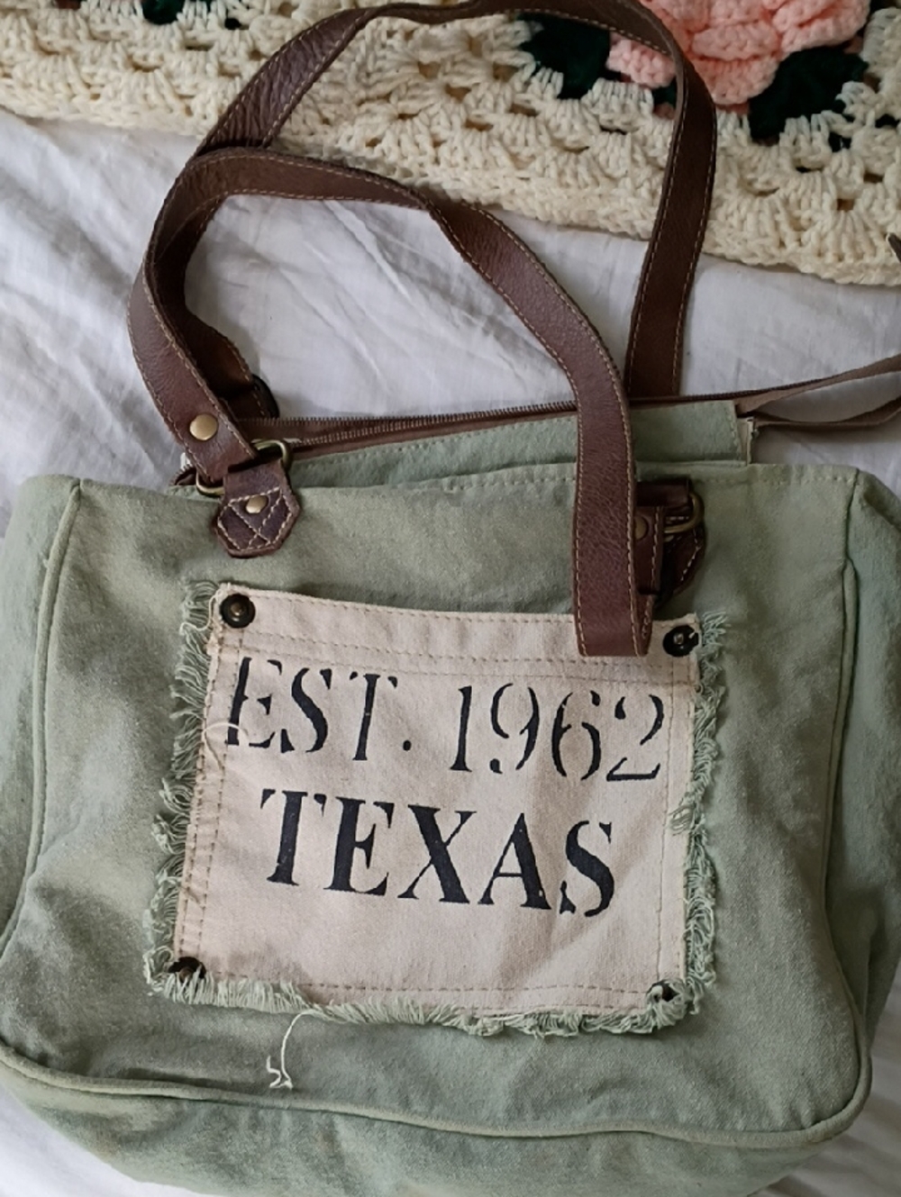 Green Canvas 'Texas' Myra Tote Bag with Brown Straps